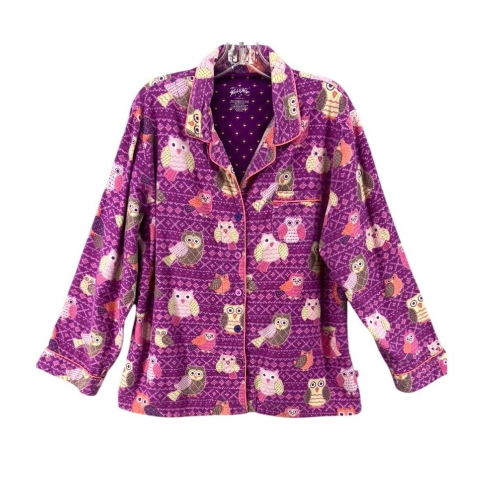 Nick & Nora Pajama Top Womens Sz XL Sleepwear Purple Owl Flannel Button Up